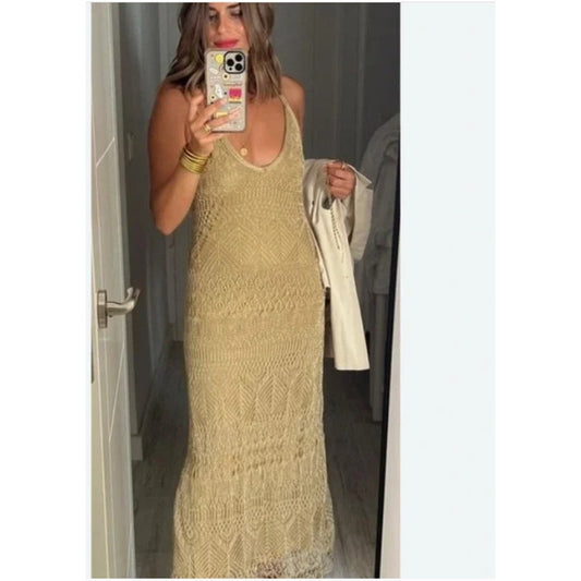 Zara Gold Women's Sparkle Maxi Dress Large Glitter New Year NWT Crotchet Sexy
