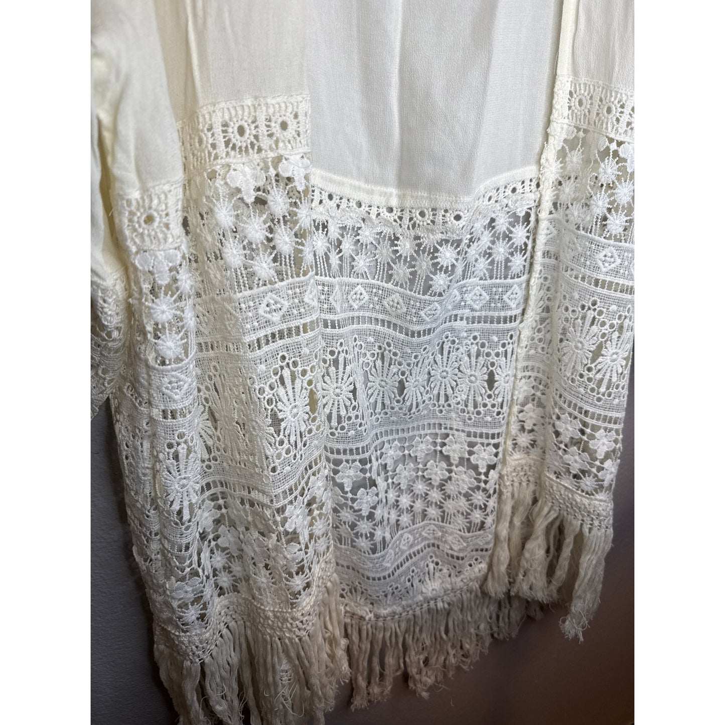 Crotchet Cream Fringe Sheer Robe XL Duster Kimono Boho Earthy Hippie Festival