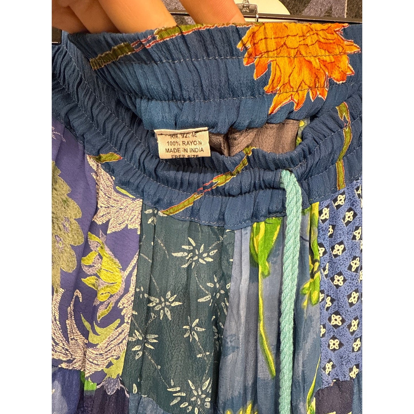 90s Blue Patchwork Floral Garden Tiered Pleated Maxi Skirt One Size Hippie Fairy
