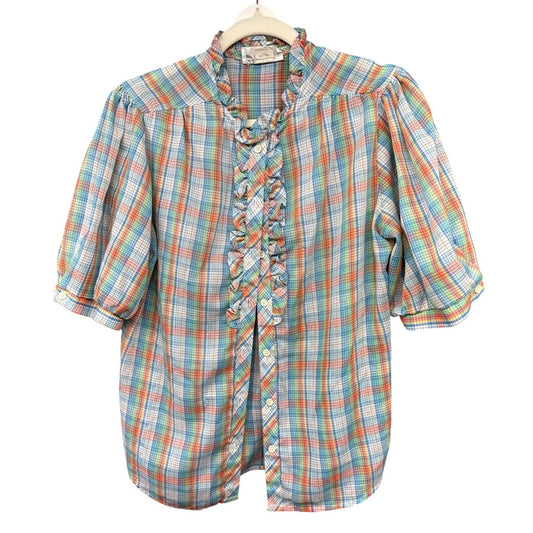 Vintage Shapely 80s Plaid Rainbow Ruffle 12 Blouse Farmer Garden Prairie Modest