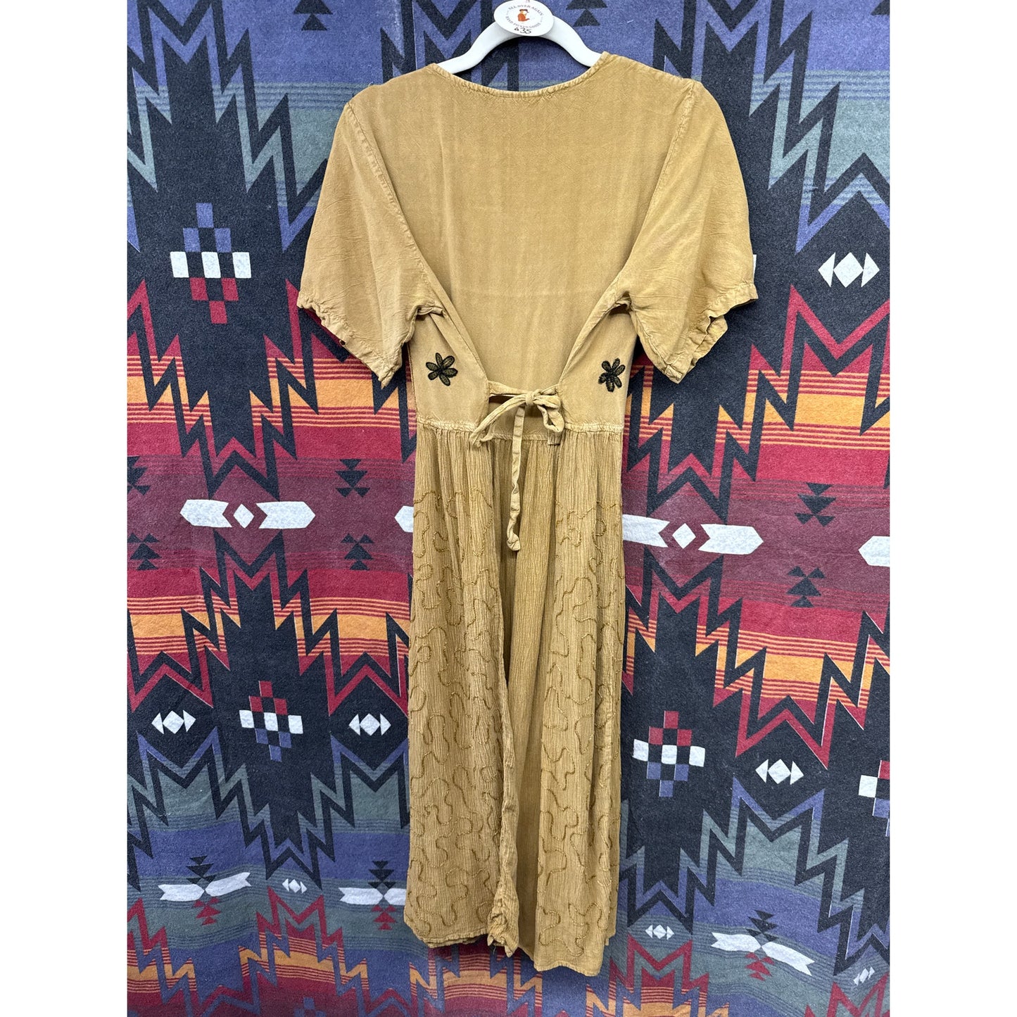 Vintage 90s Tip Top Women Medium Dress Mustard Yellow Floral Embroidered Cottage