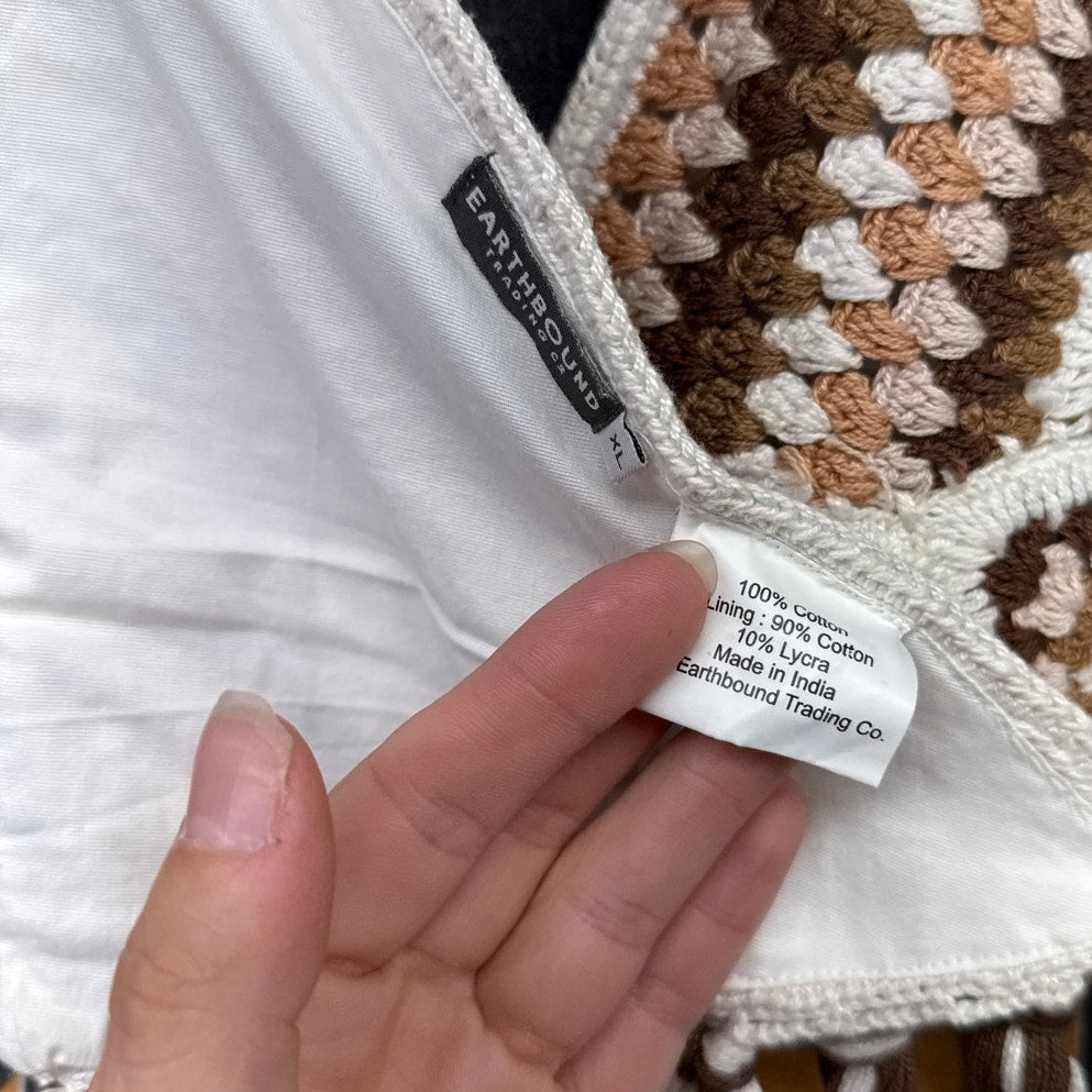 Earthbound Trading Co Patchwork Crop Fringe Top XL Hippie Boho Crotchet Knit