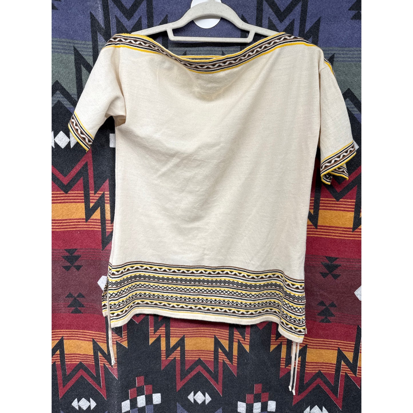 Vintage 70s German Lucia Women Wool Blouse Cream Yellow Tribal Retro Daisy Jones