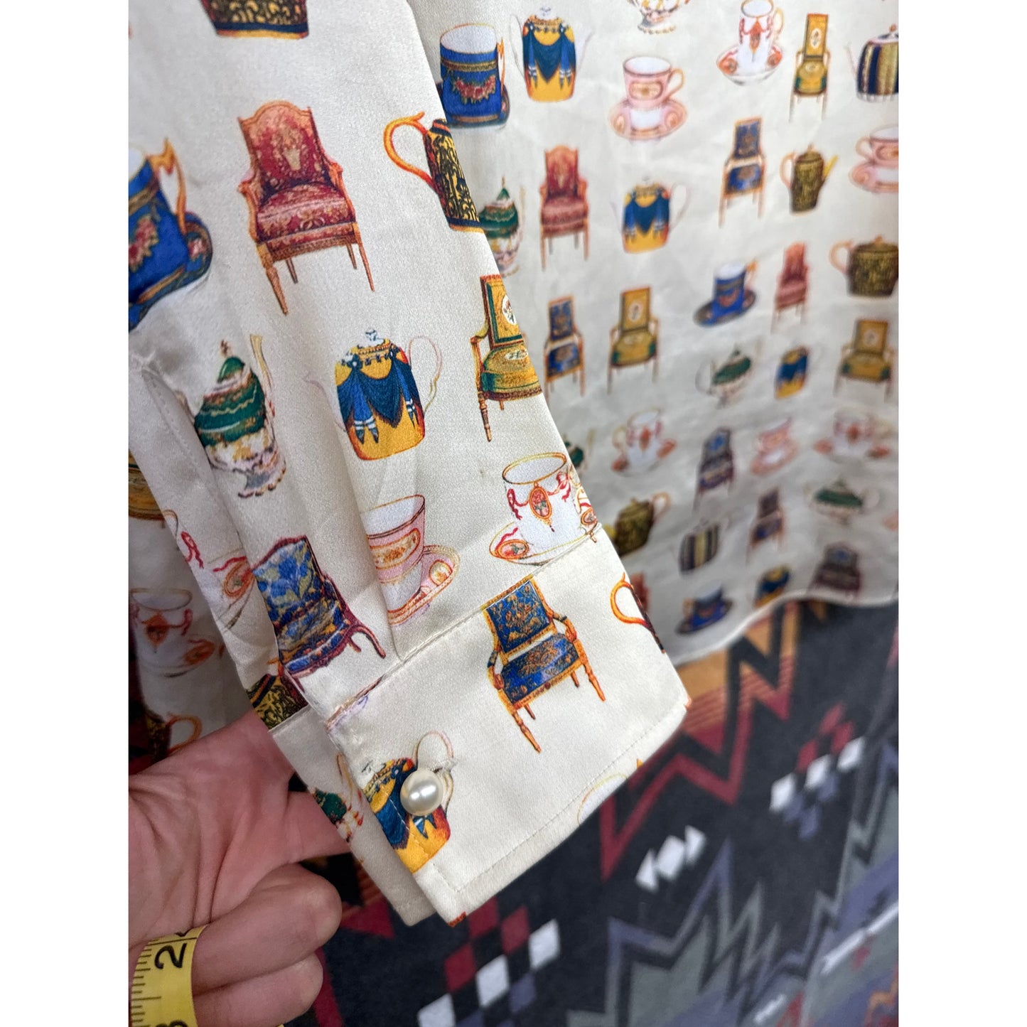 Talbots White Chairs Teacups Victorian Blouse Royal Large Novelty Print Whimsy