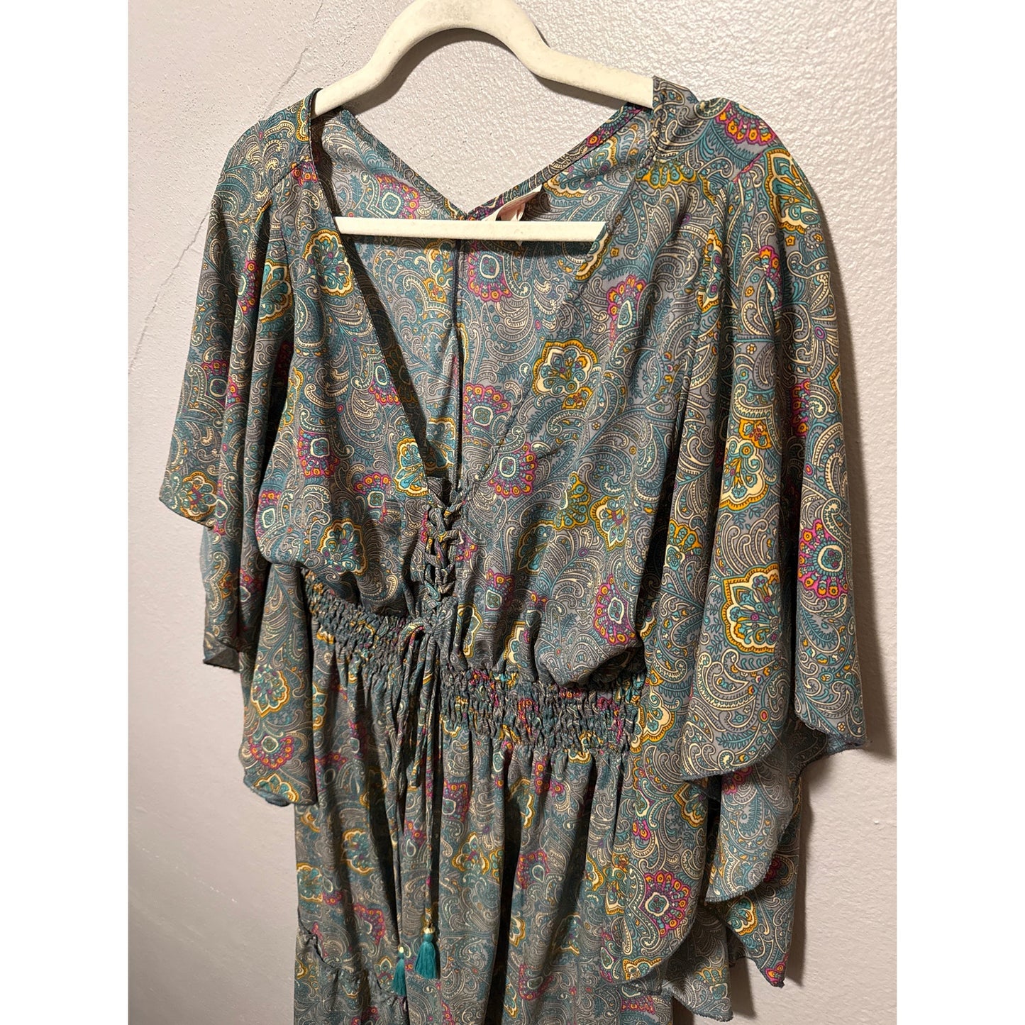 Boemo Anthropologie Medium Turquoise Bohemian Peasant Maxi Dress Fairy
