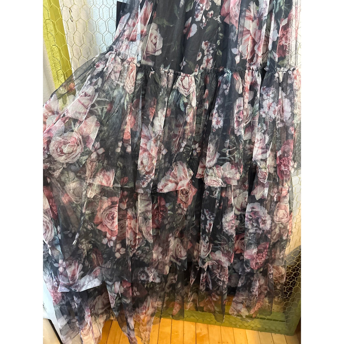 Lulus Wonderfully Perfect Black Floral Mesh Tiered Maxi Dress, Adjustable Straps, Goth, Whimsy