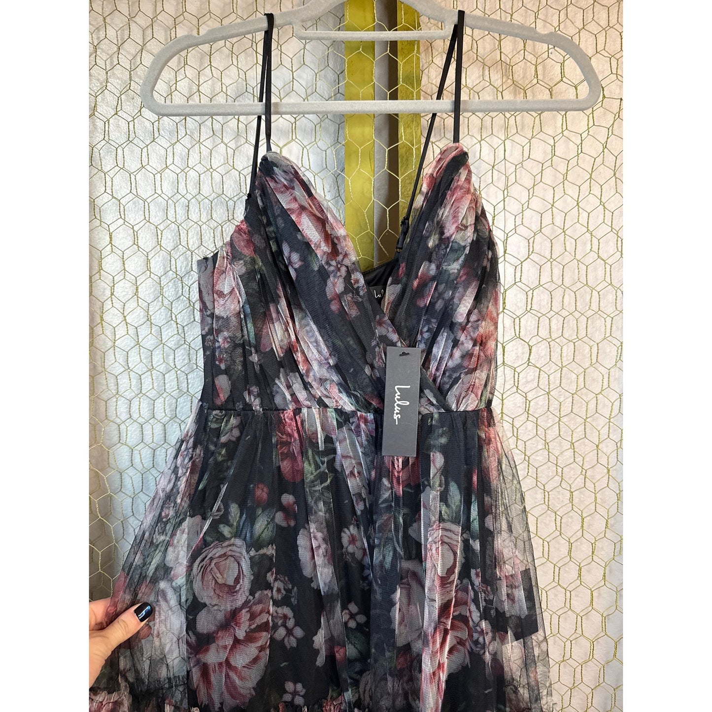 Lulus Wonderfully Perfect Black Floral Mesh Tiered Maxi Dress, Adjustable Straps, Goth, Whimsy