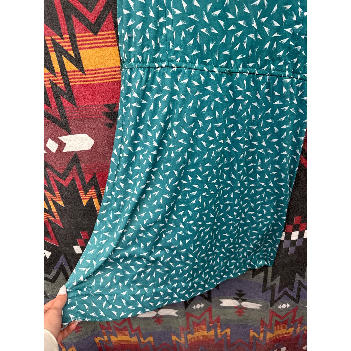 Vintage 80s Darian Women Teal 10 Dress Professional Modest Geometric Quirky