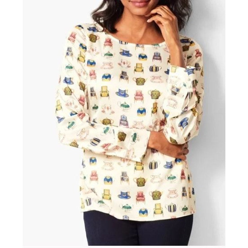 Talbots White Chairs Teacups Victorian Blouse Royal Large Novelty Print Whimsy