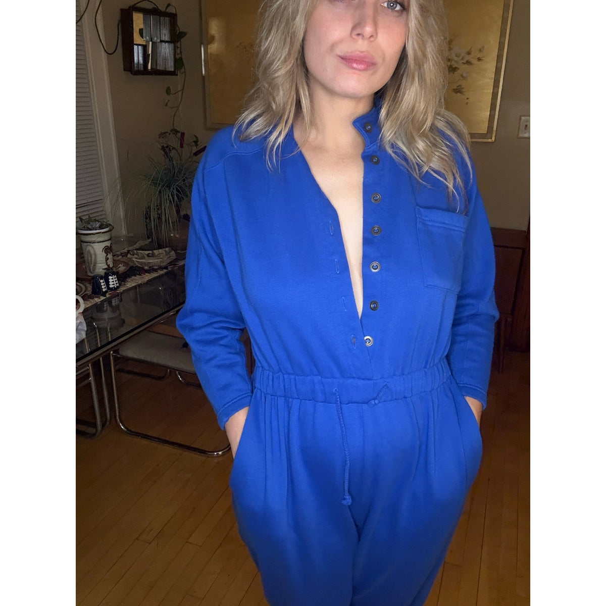 80s Vintage Elle Macpherson Blue Jumpsuit Medium Cozy Winter Pajamas Layer