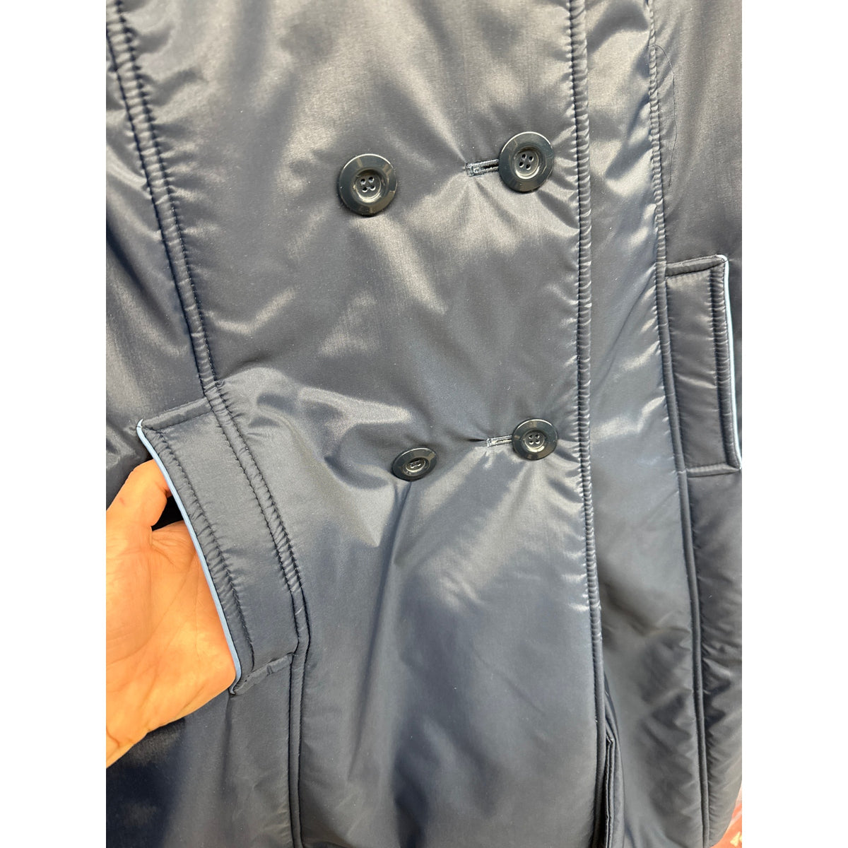 70s Vintage Aurora International Navy Quilted Large Coat Cottage England Belted