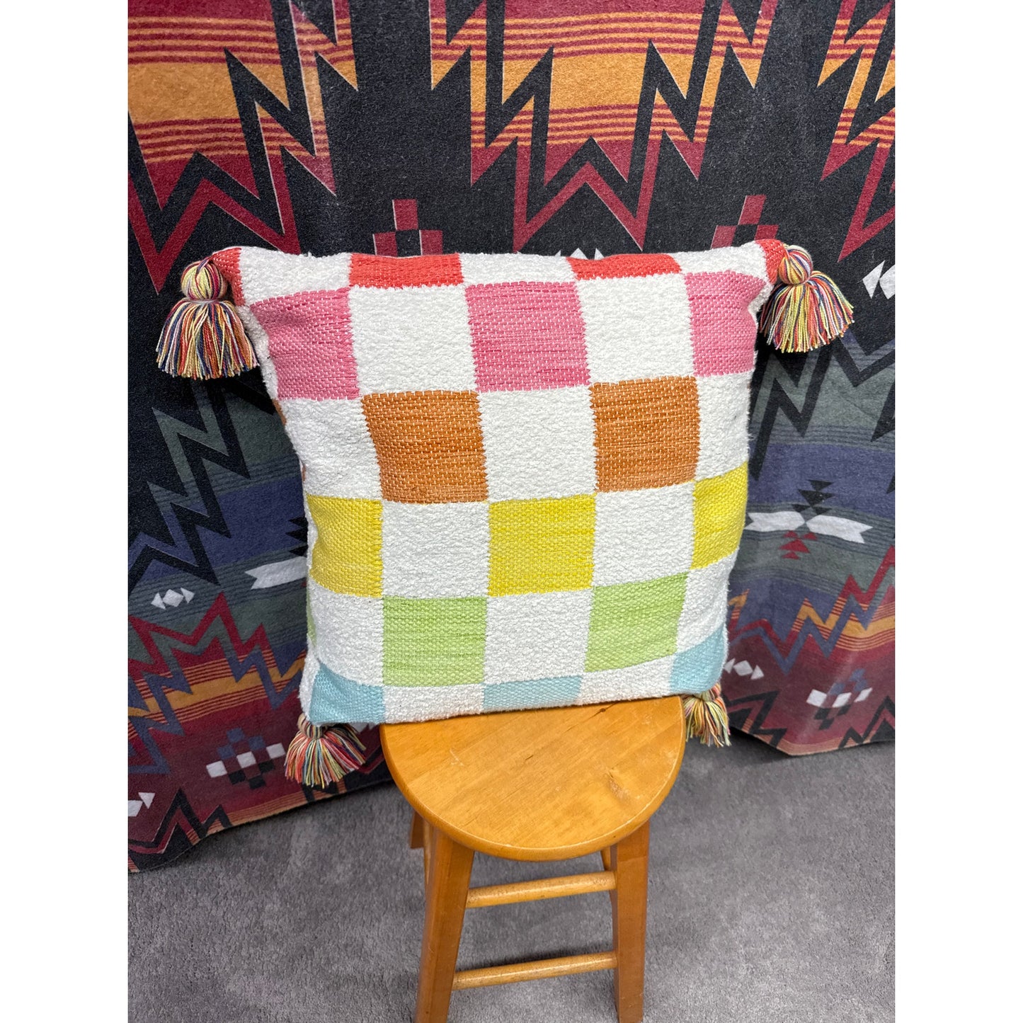 Rainbow Plush Soft Checkerboard Large Accent Pillow Tassel 19” square Home Decor