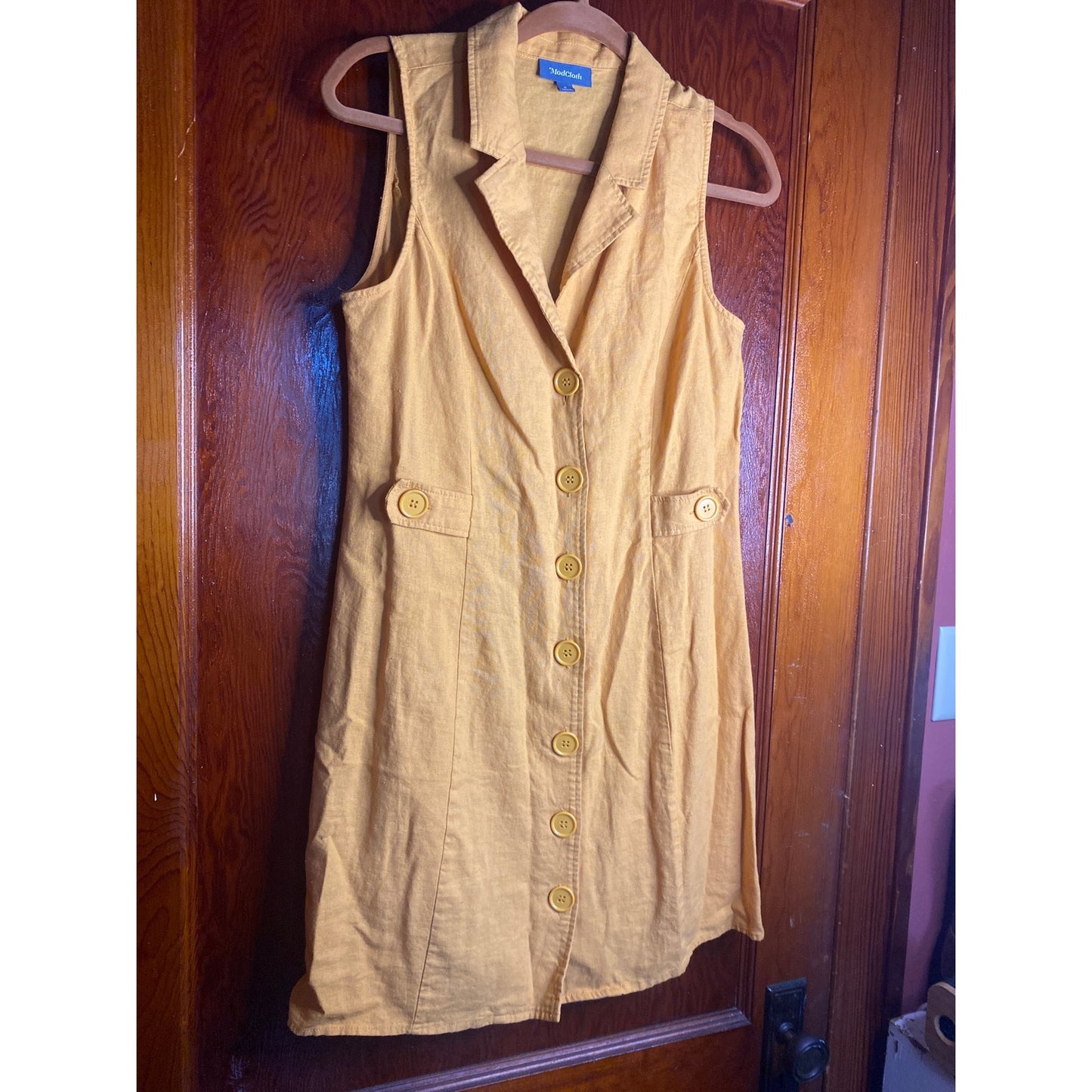 Modcloth Women's Mini Button Front Linen Dress 8 Yellow Retro
