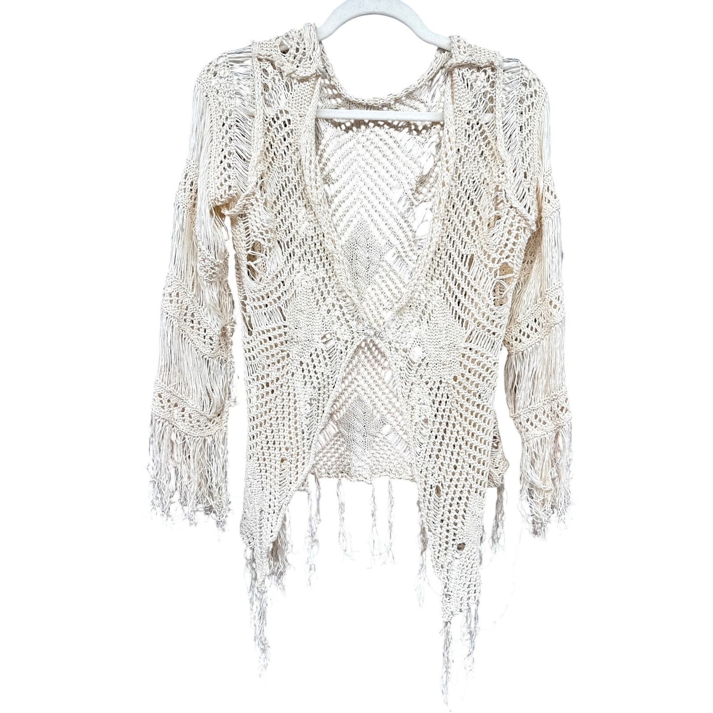 Boho Cream Fringe Distressed Sheer Cardigan Small