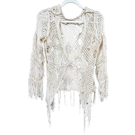Boho Cream Fringe Distressed Sheer Cardigan Small