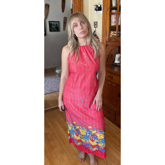 Vintage Resort Hawaii Dress 70s Maxi Medium Red Floral Meadow Prairie Abba Cher