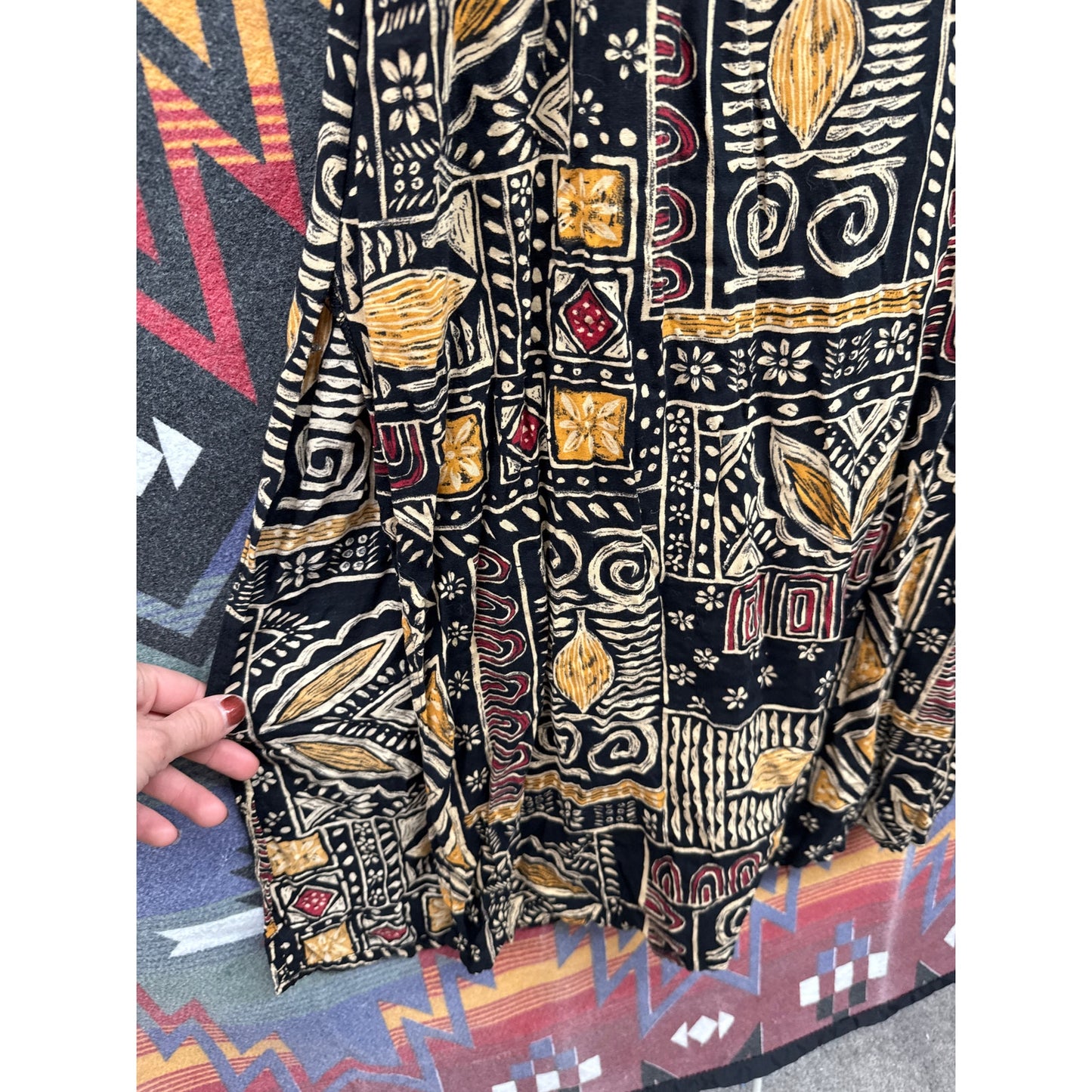 Vintage 90s Studio Style Midi Black Dress Large Tribal Nature Crunchy Leaf