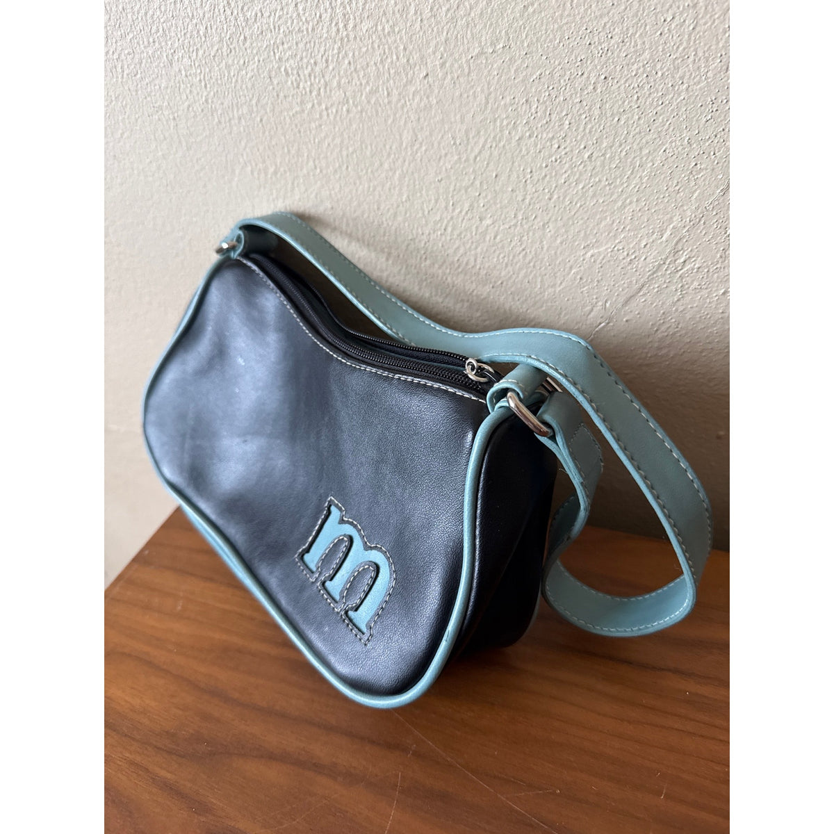 Vintage Frankie and Johnnie Mini Purse Leather M Black Blue 90s Y2K
