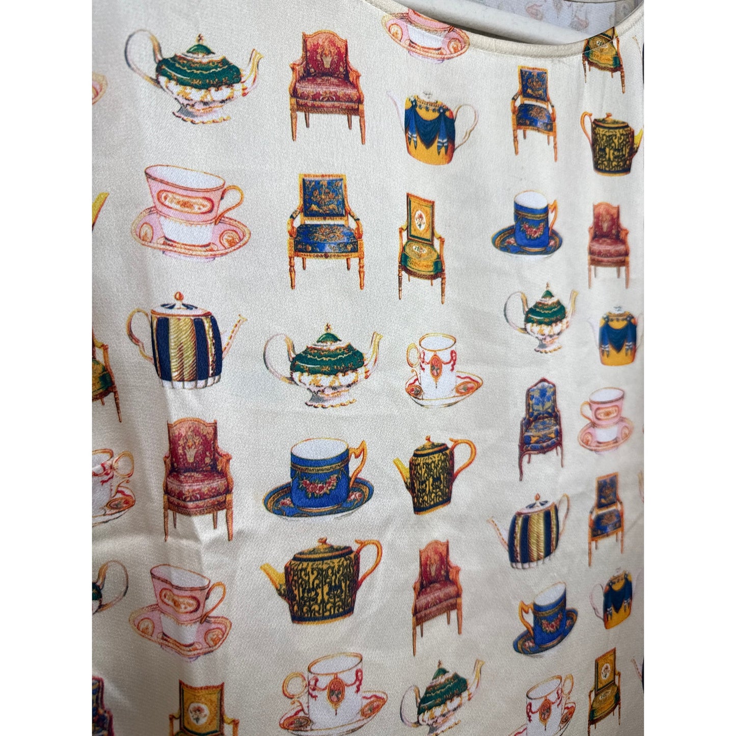 Talbots White Chairs Teacups Victorian Blouse Royal Large Novelty Print Whimsy