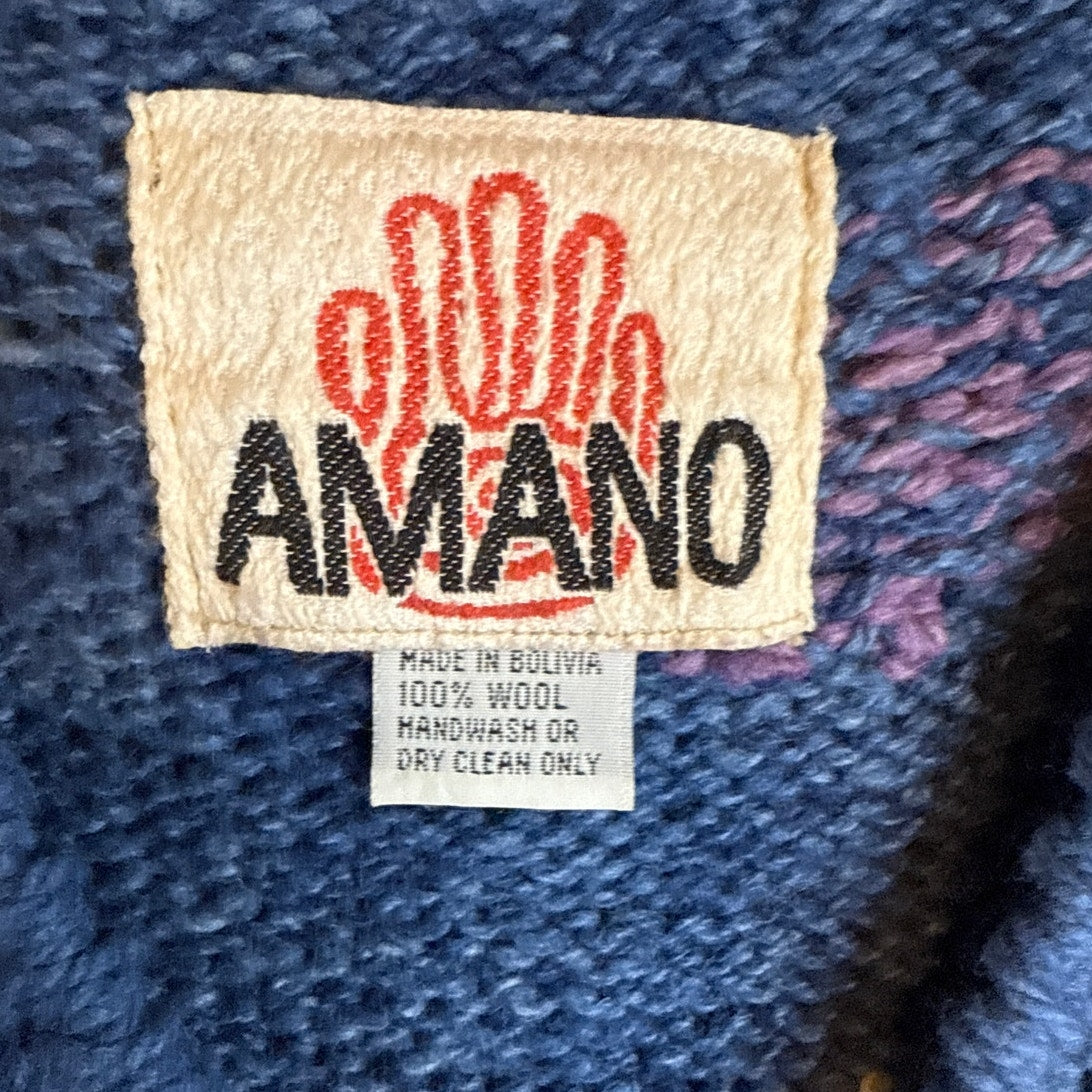 Amano Blue Wool Sweater XL Art to Wear Animals Quirky Grandma Playful Novelty