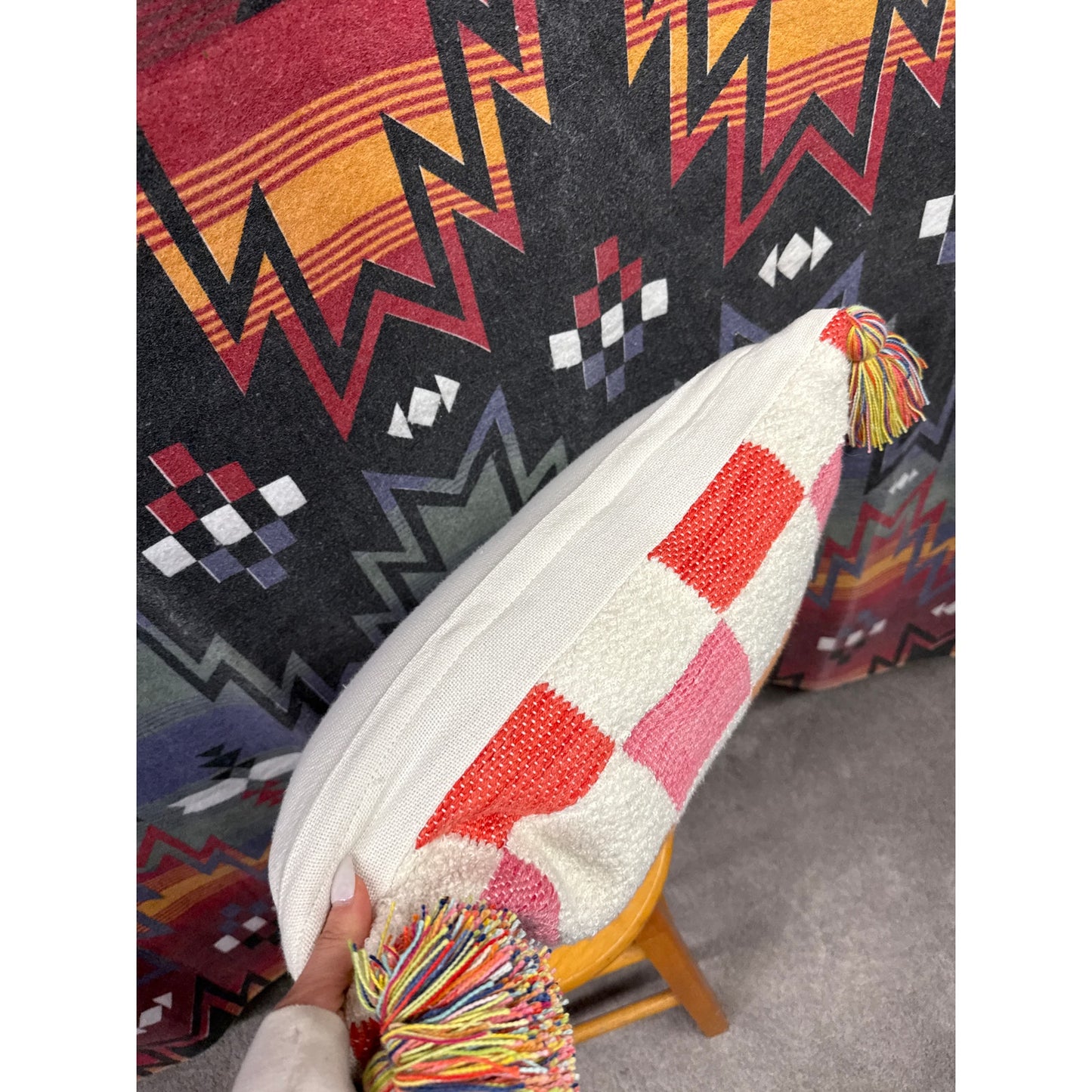 Rainbow Plush Soft Checkerboard Large Accent Pillow Tassel 19” square Home Decor