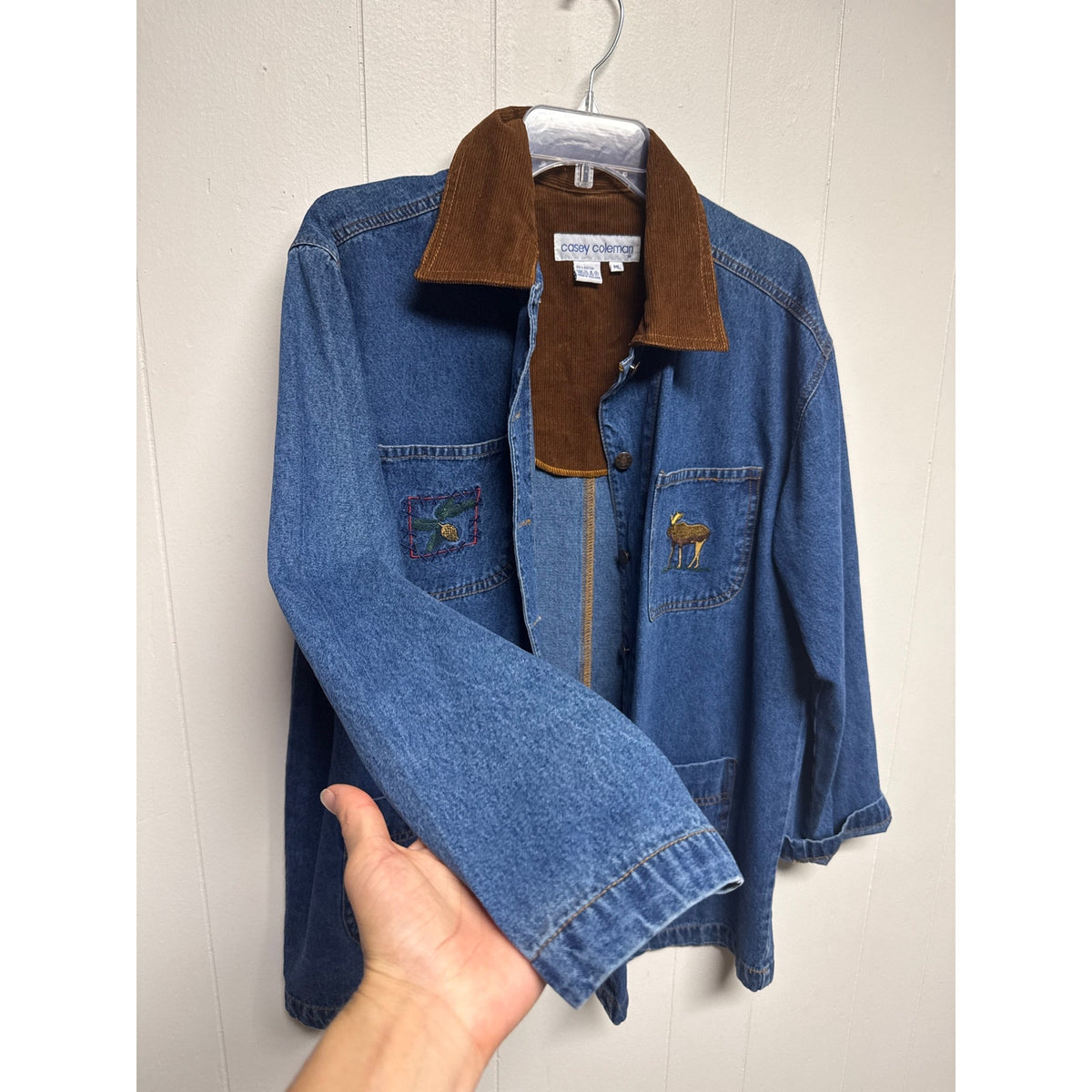 Vintage Casey Coleman Large 90s Denim Collared Jacket Outdoors Northwoods Canoe
