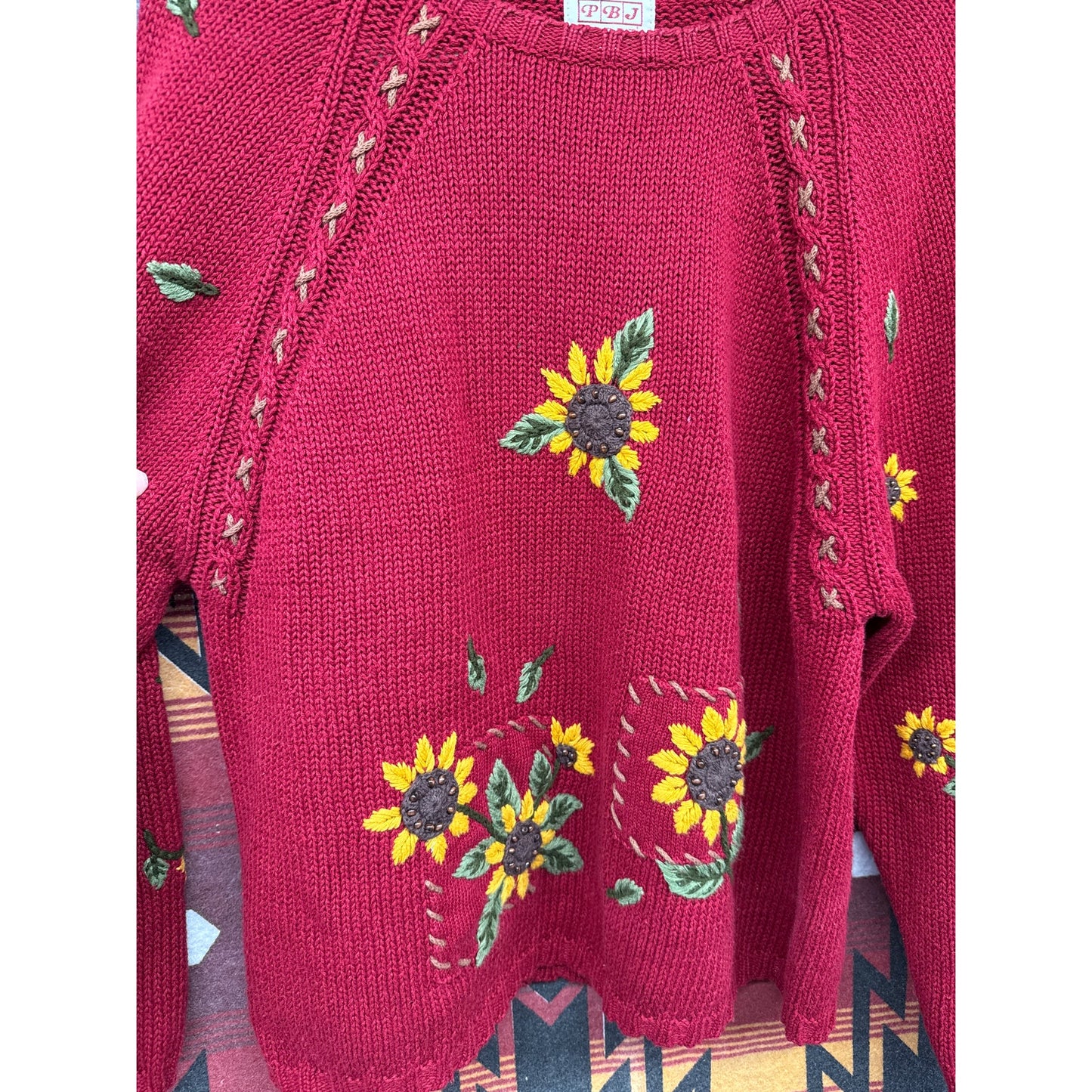 PBJ Vintage Red Sunflower Crotchet Knit Sweater Large Cottage  Meadow Fairy