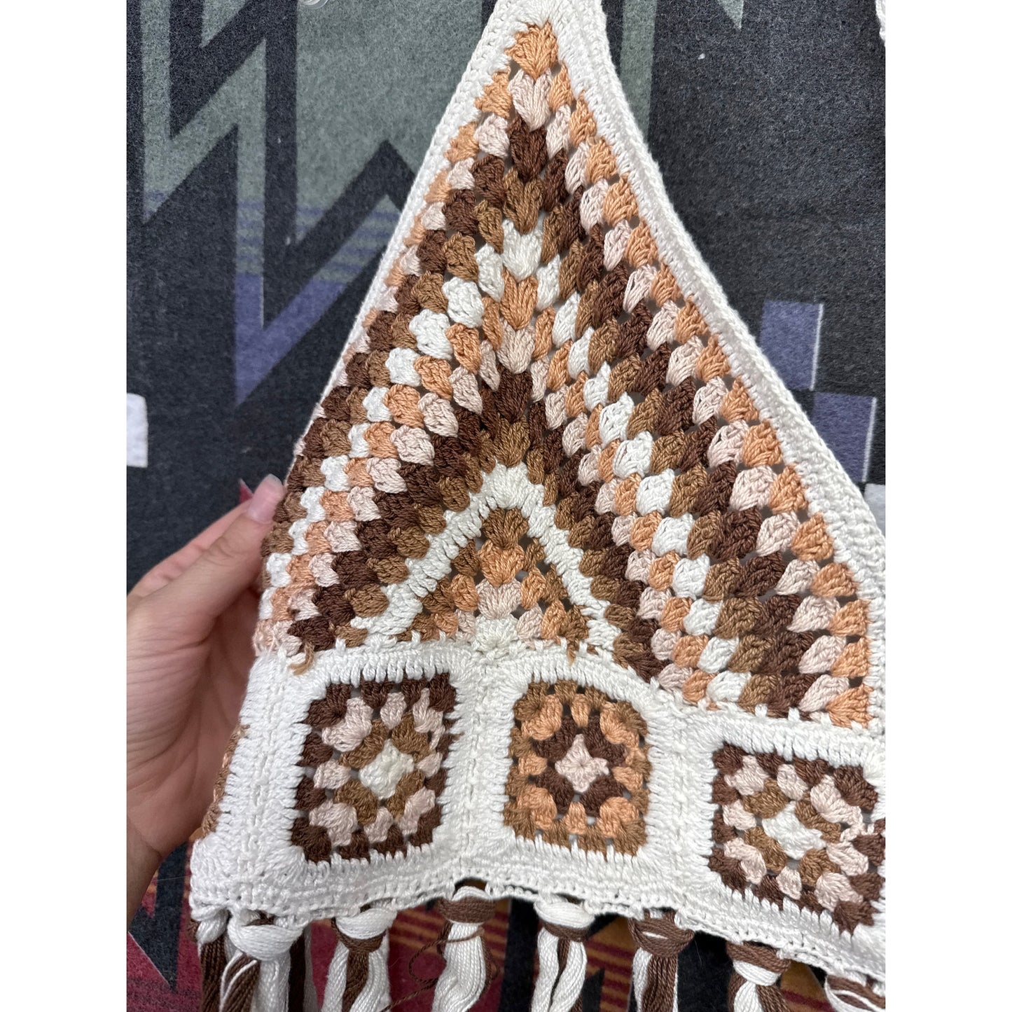 Earthbound Trading Co Patchwork Crop Fringe Top XL Hippie Boho Crotchet Knit