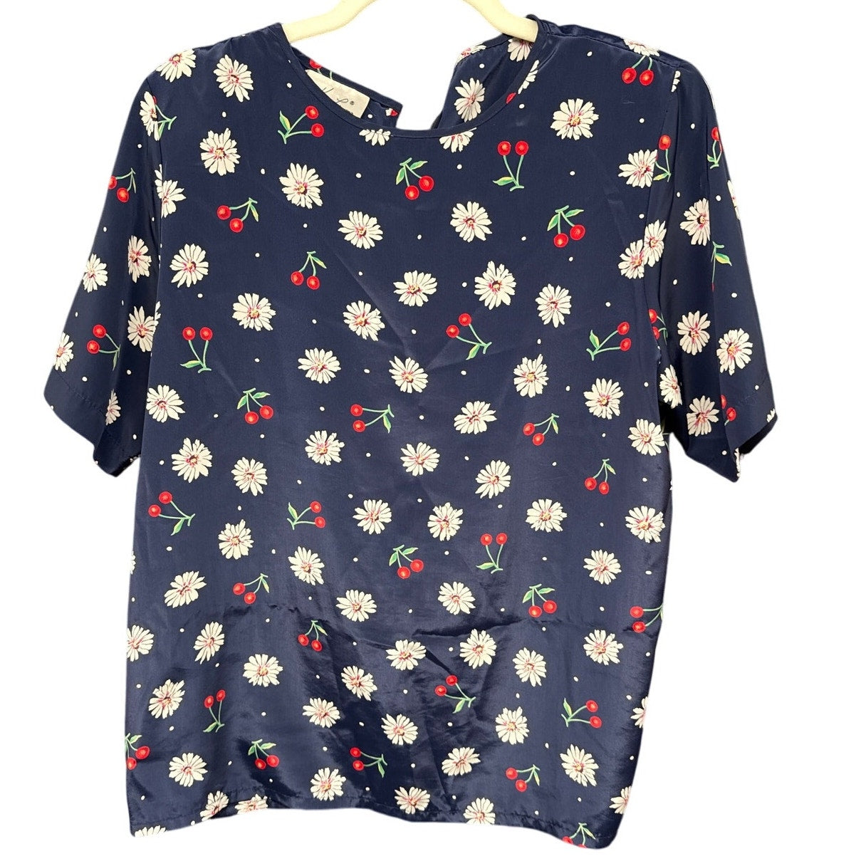 Vintage 90s Kathie Lee Women Cherry Daisy Floral Blouse 10 Novelty Print Prairie