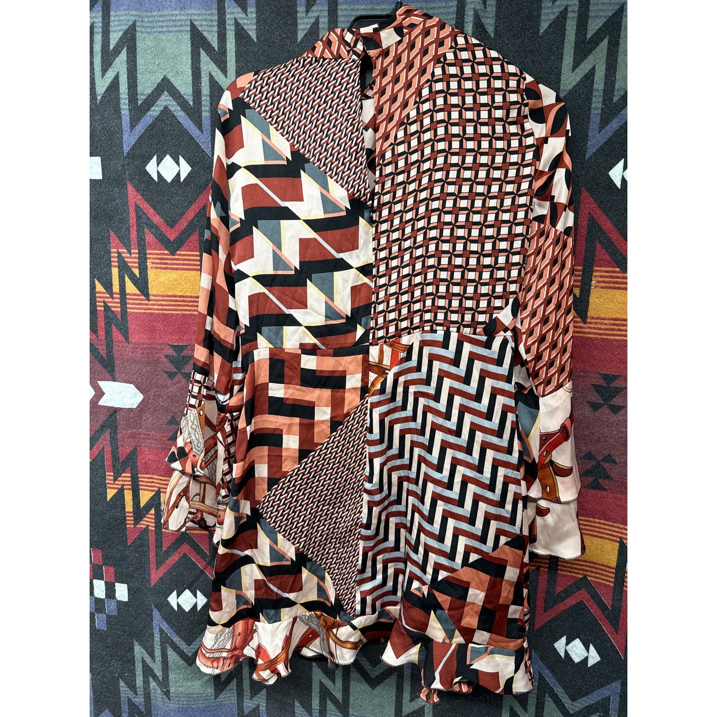 ZARA Women Patchwork Equestrian Belt Scarf Print Dress Ruffle Festival Medium