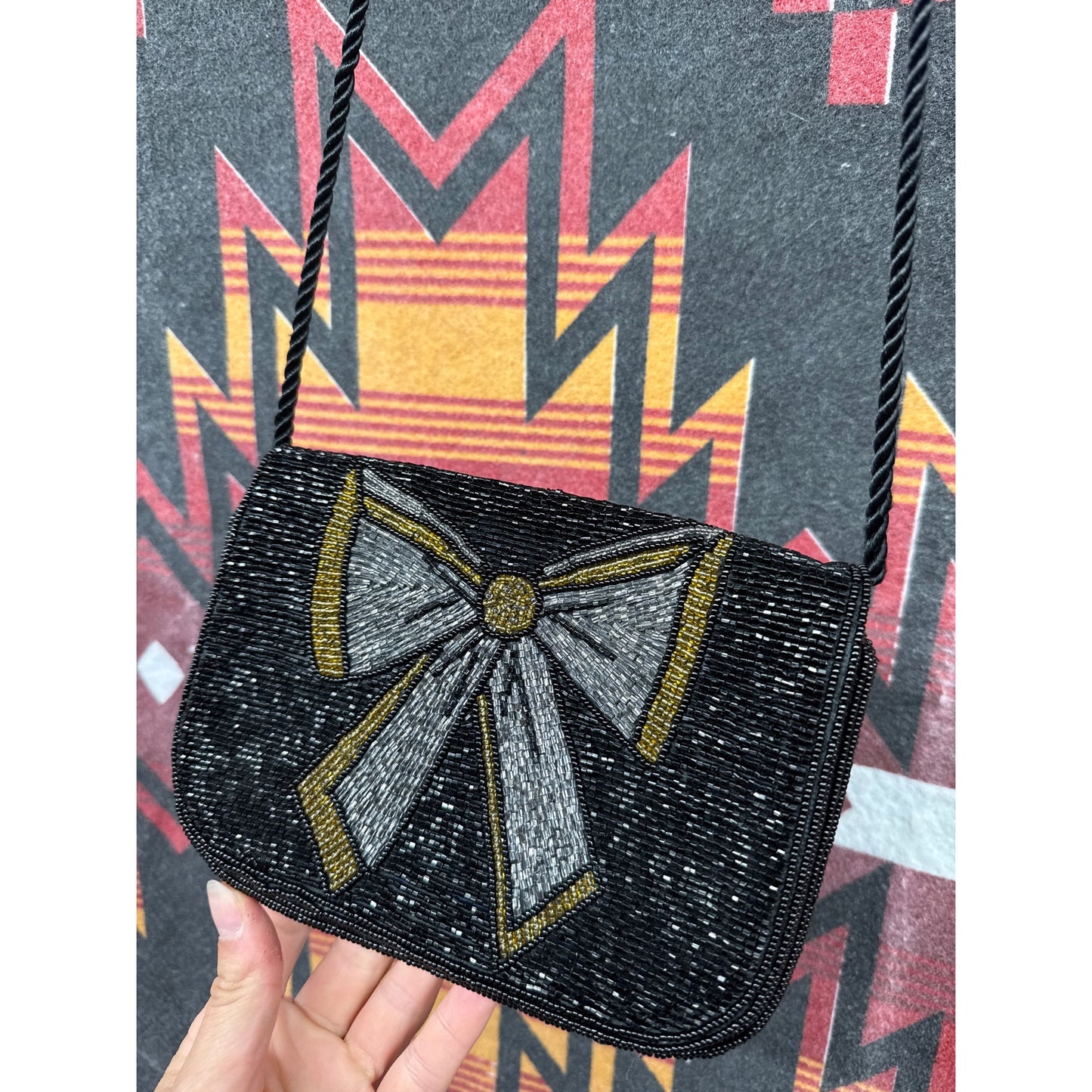 Vintage Purse Beaded Bow Shoulder Black Gatsby Gold Sparkle Black Tie Glamour