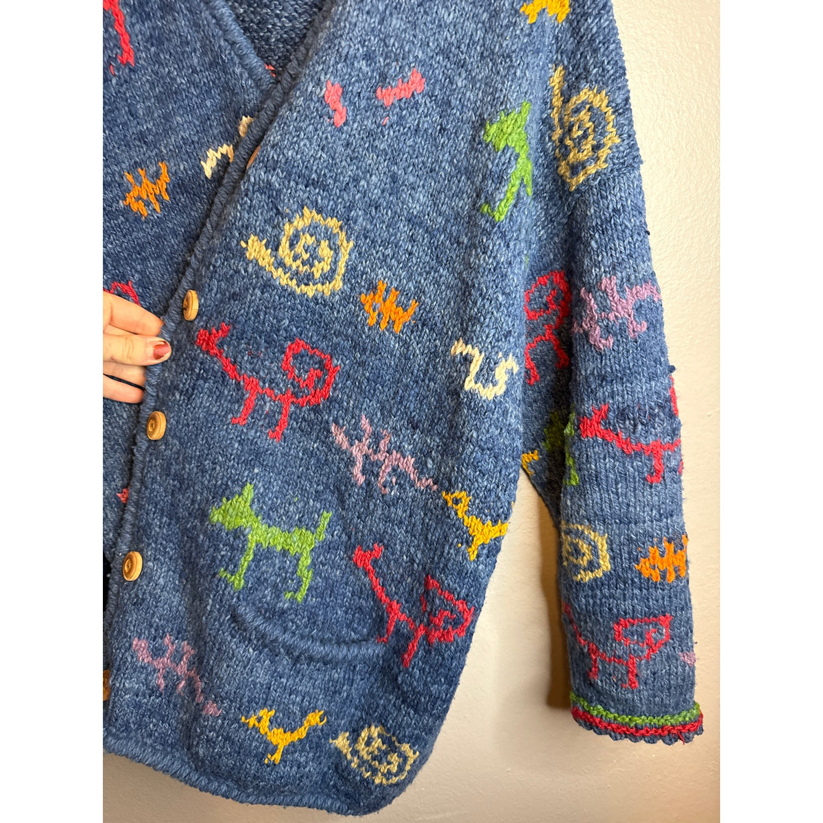 Amano Blue Wool Sweater XL Art to Wear Animals Quirky Grandma Playful Novelty