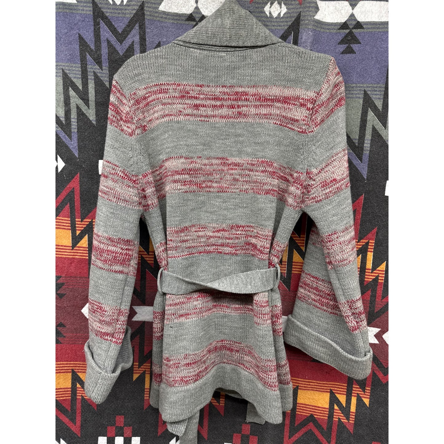 70s Women's Striped Cardigan Sweater Medium Space Dye Red Gray Belted Bel Sleeve