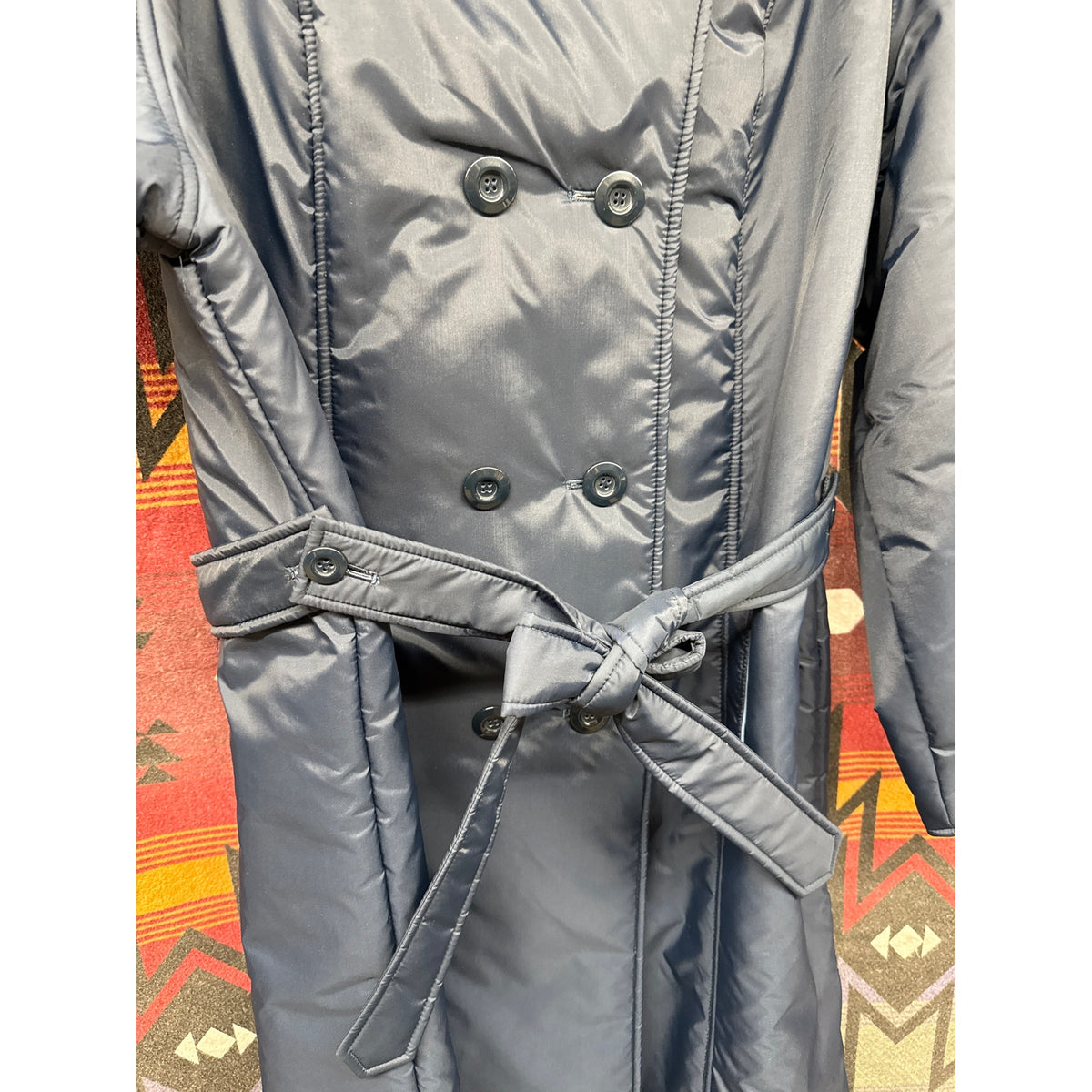 70s Vintage Aurora International Navy Quilted Large Coat Cottage England Belted