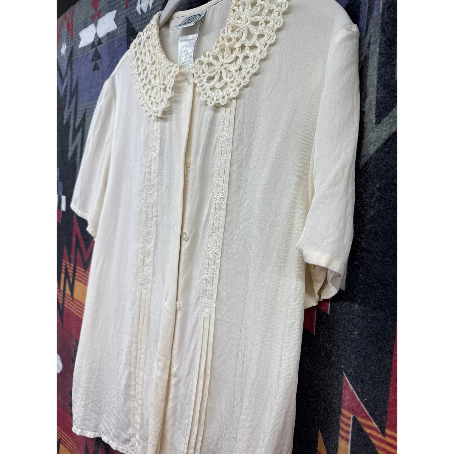 Laura Ashley Cream Sheer Top Collared Vintage Silk Sweet Coquette Timeless Lace