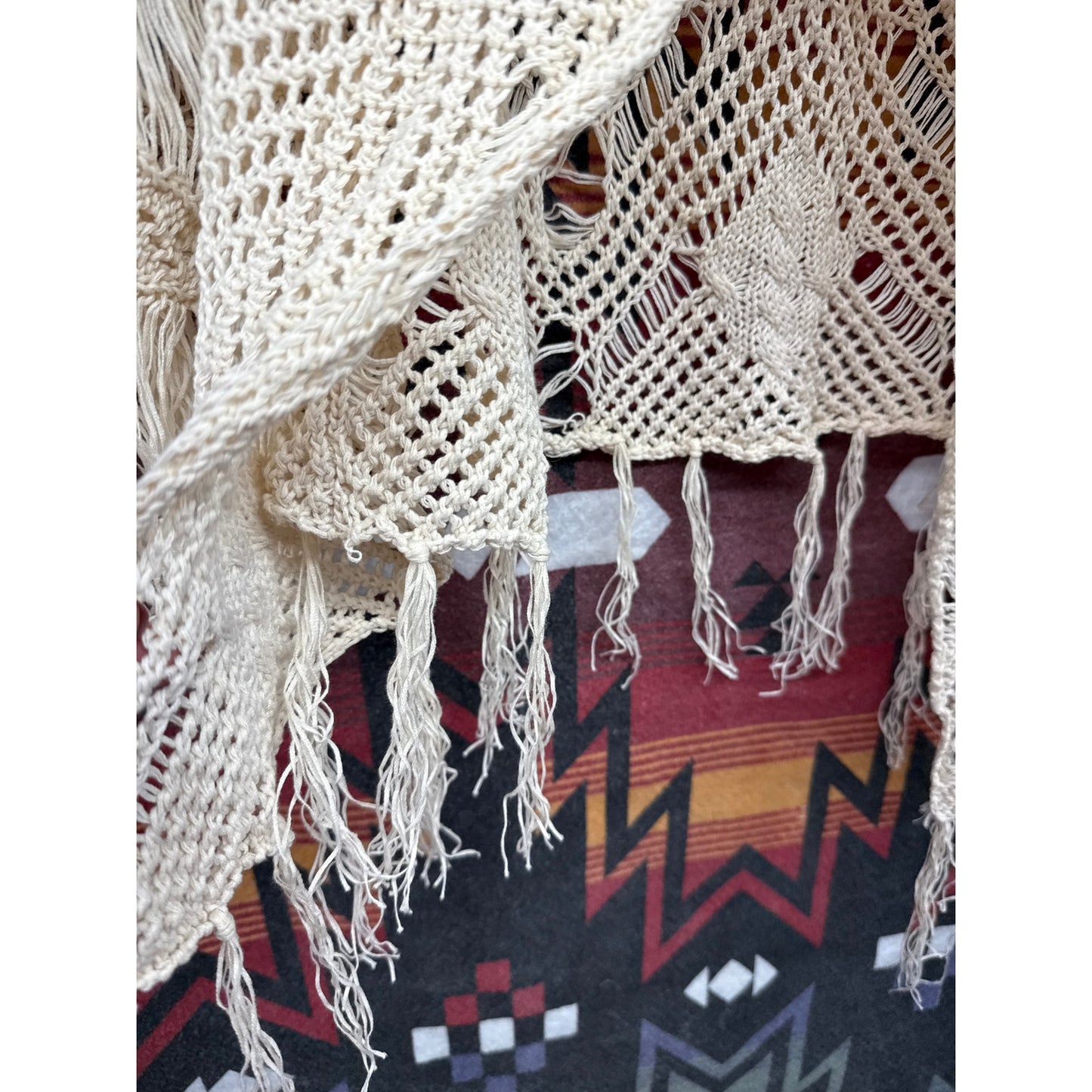 Boho Cream Fringe Distressed Sheer Cardigan Small