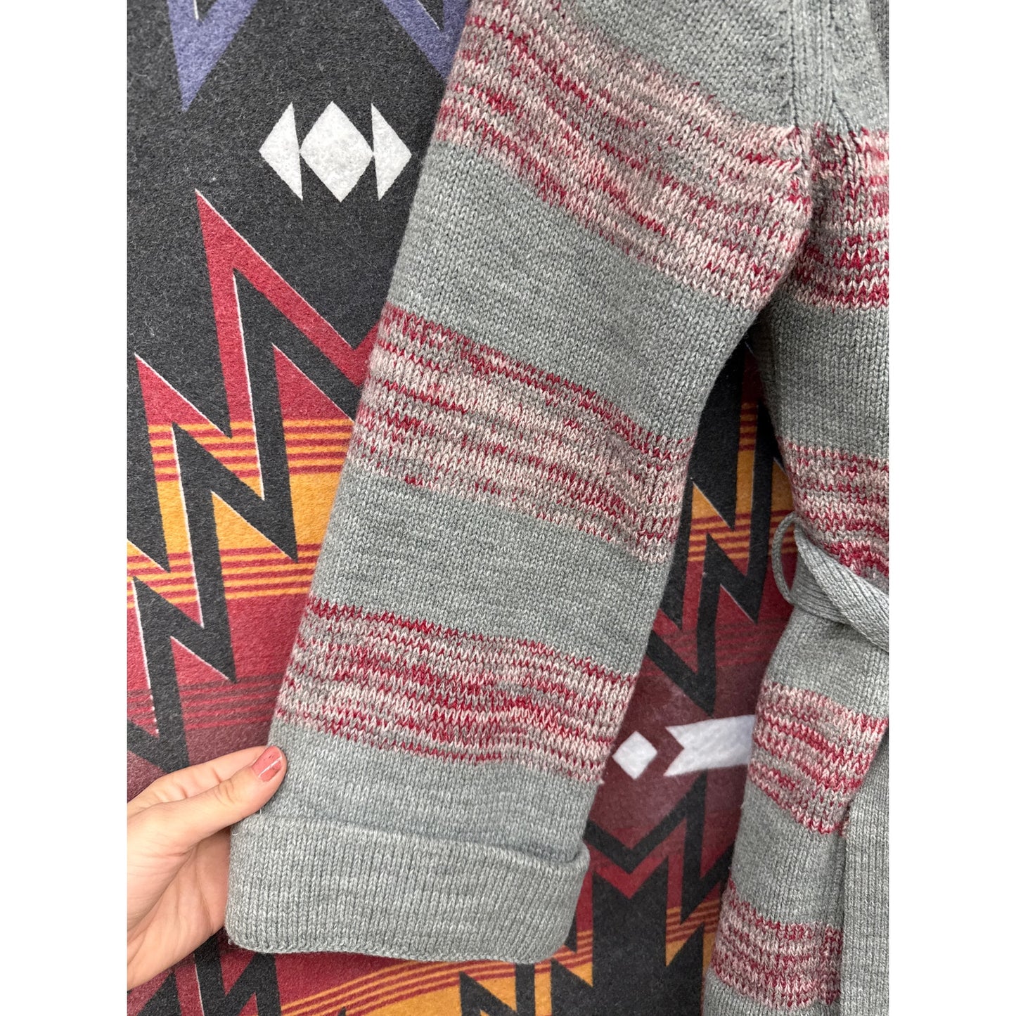 70s Women's Striped Cardigan Sweater Medium Space Dye Red Gray Belted Bel Sleeve