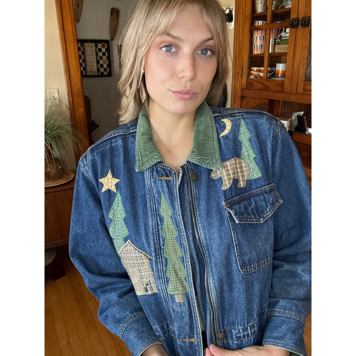 Christopher & Banks XL Log Cabin Denim Jacket Bear Northwoods Western Corduroy