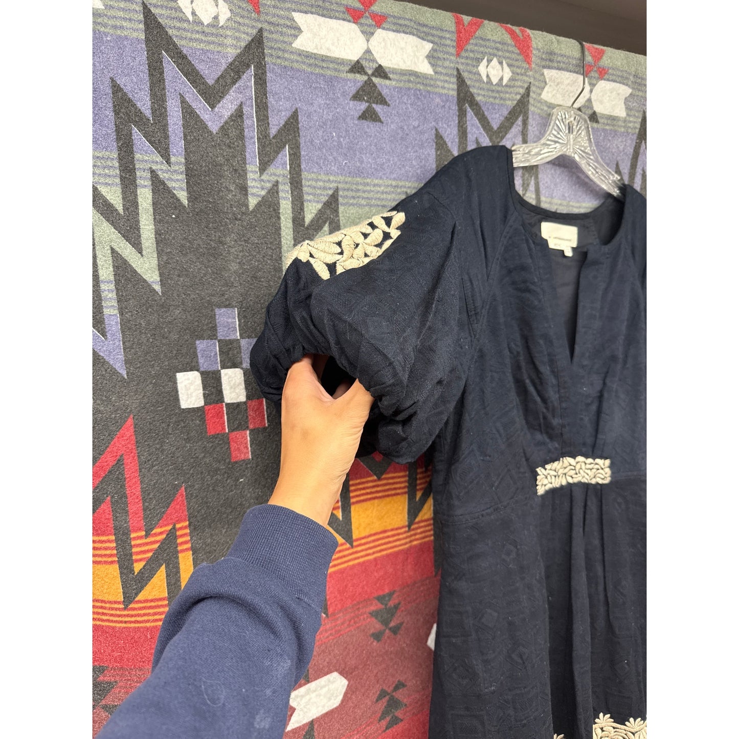 Anthropologie Navy Linen Cap Sleeve Dress 10 Embroidered Pleated Boho Wedding