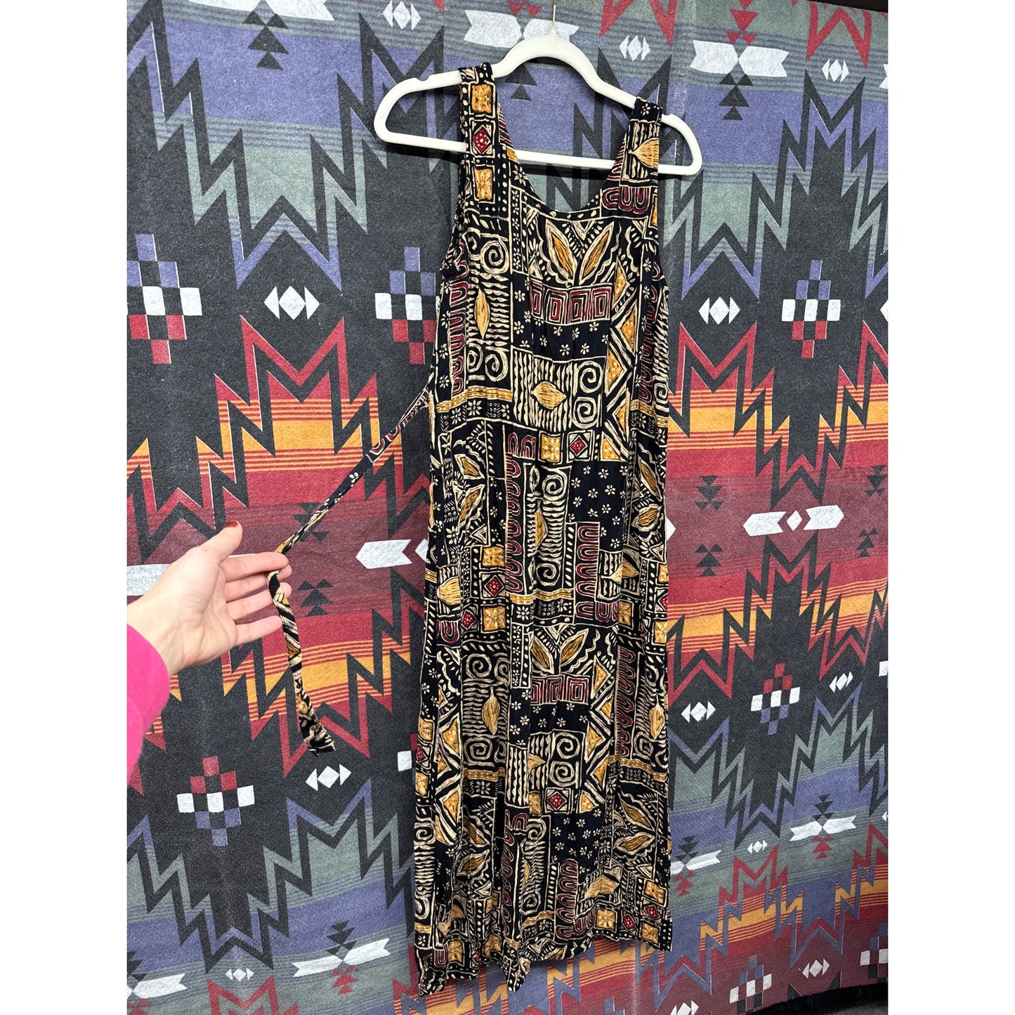Vintage 90s Studio Style Midi Black Dress Large Tribal Nature Crunchy Leaf