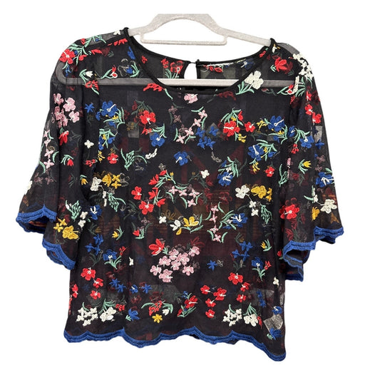 Maeve Anthropologie Black Sheer Blouse Floral Embroidered Fairy Cottage Prairie