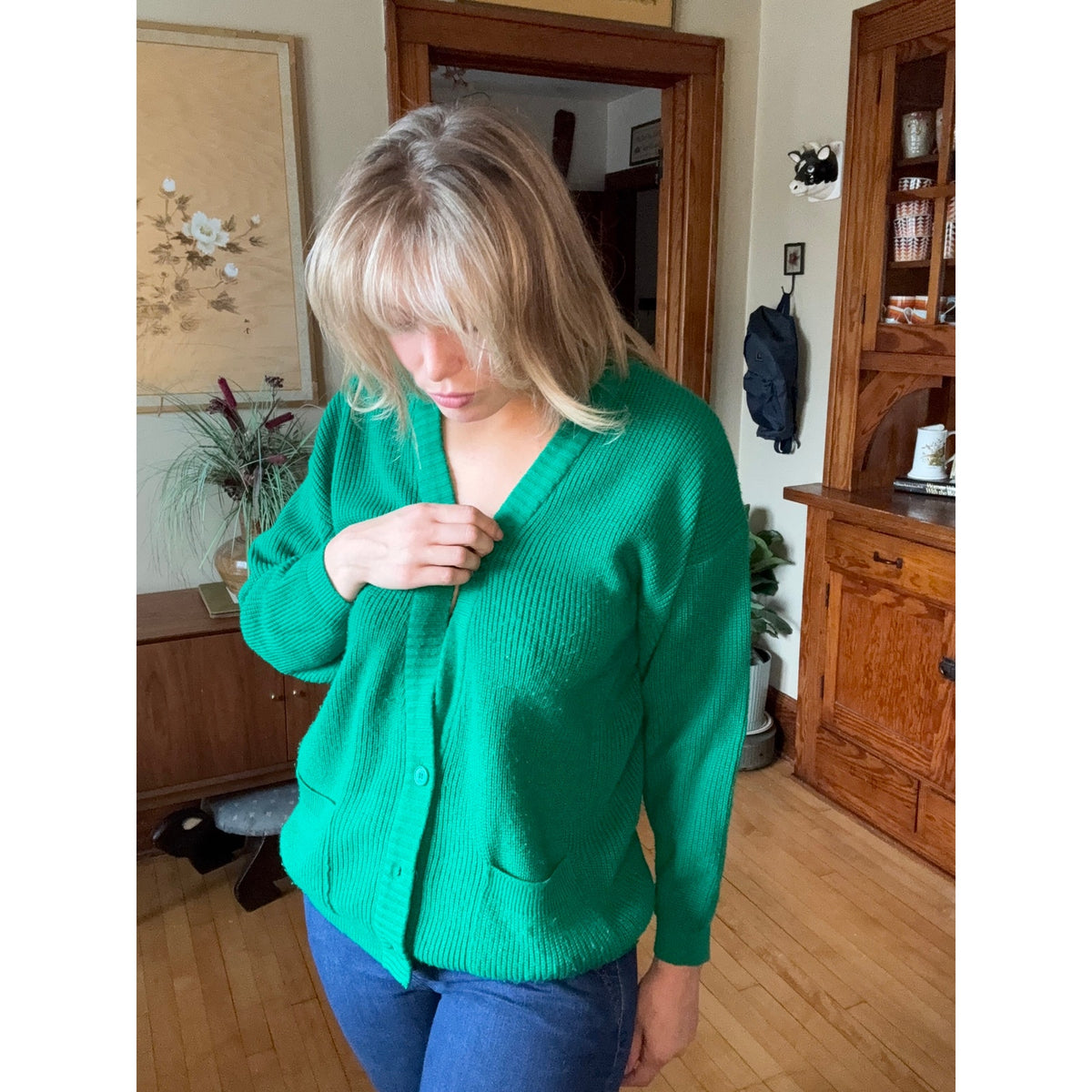 Vintage Unisex SteppingStones Knit Sweater XL 70s Wool Kelly Green Academia
