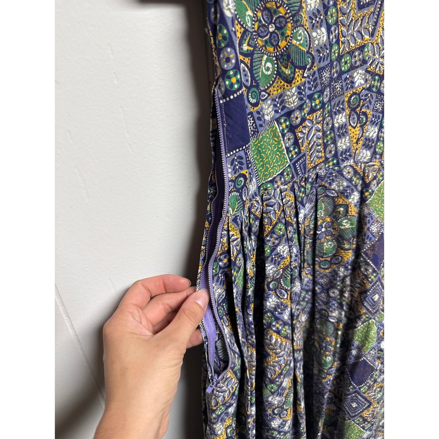 Homemade 50s dress Beautiful Pattern Size Small Summer Church Green Blue Nature