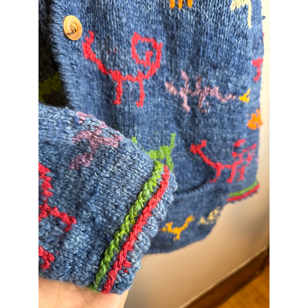 Amano Blue Wool Sweater XL Art to Wear Animals Quirky Grandma Playful Novelty