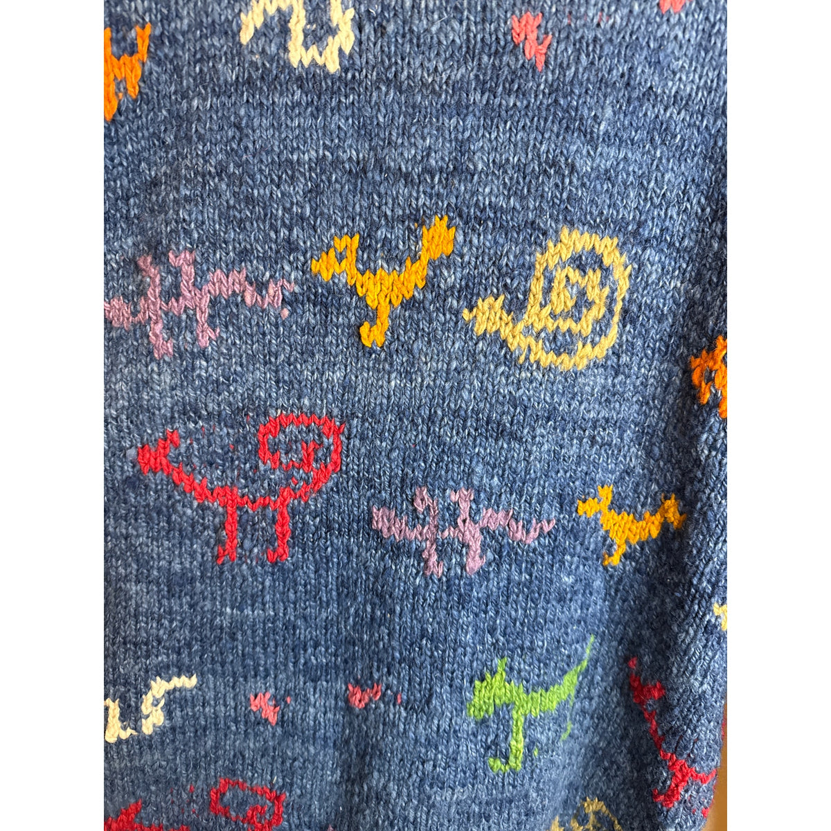 Amano Blue Wool Sweater XL Art to Wear Animals Quirky Grandma Playful Novelty