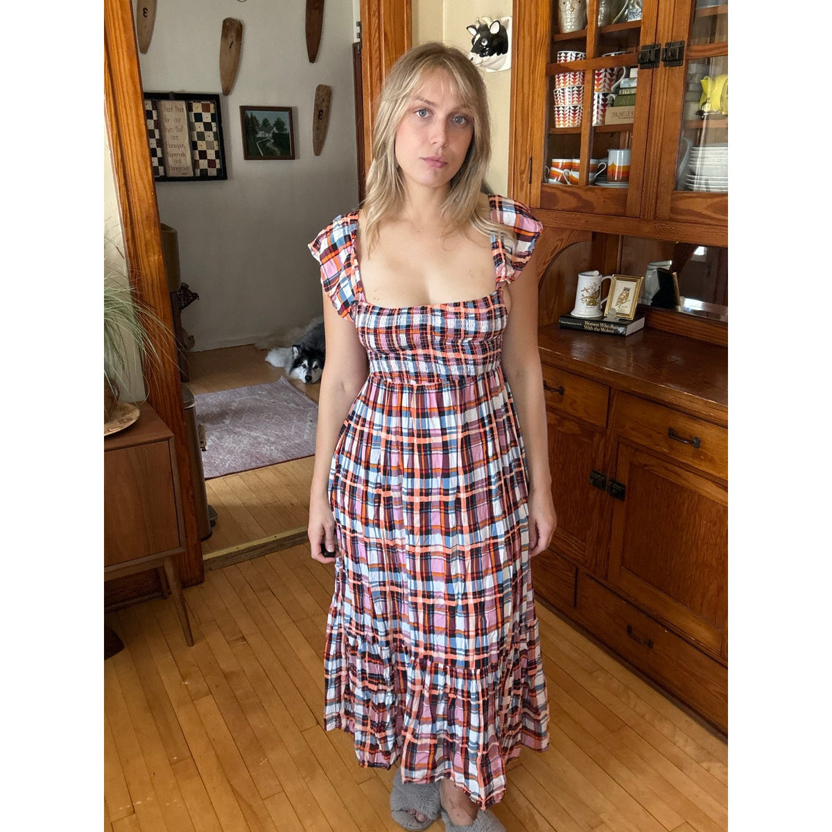 Anthropologie Plaid Smocked Dress Medium Pleated Gingham Ruffle Prairie Western