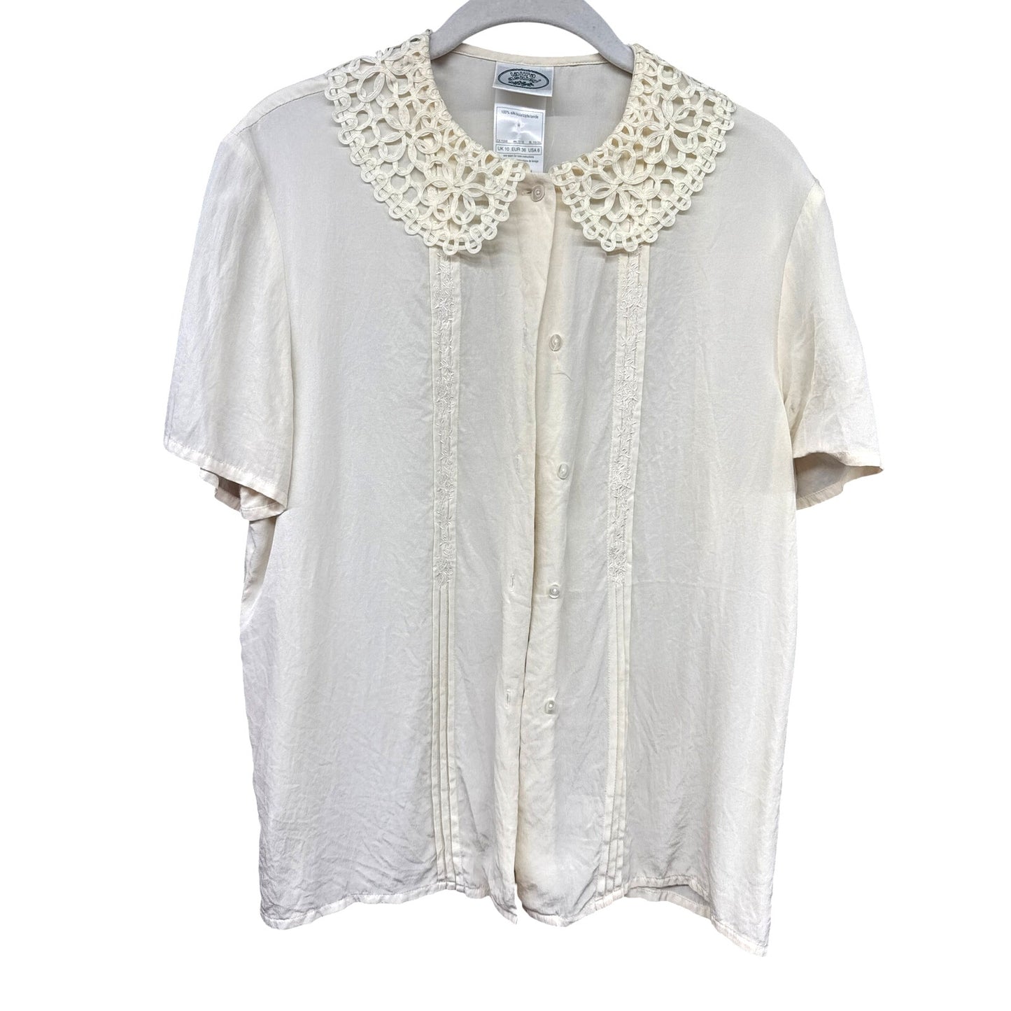 Laura Ashley Cream Sheer Top Collared Vintage Silk Sweet Coquette Timeless Lace