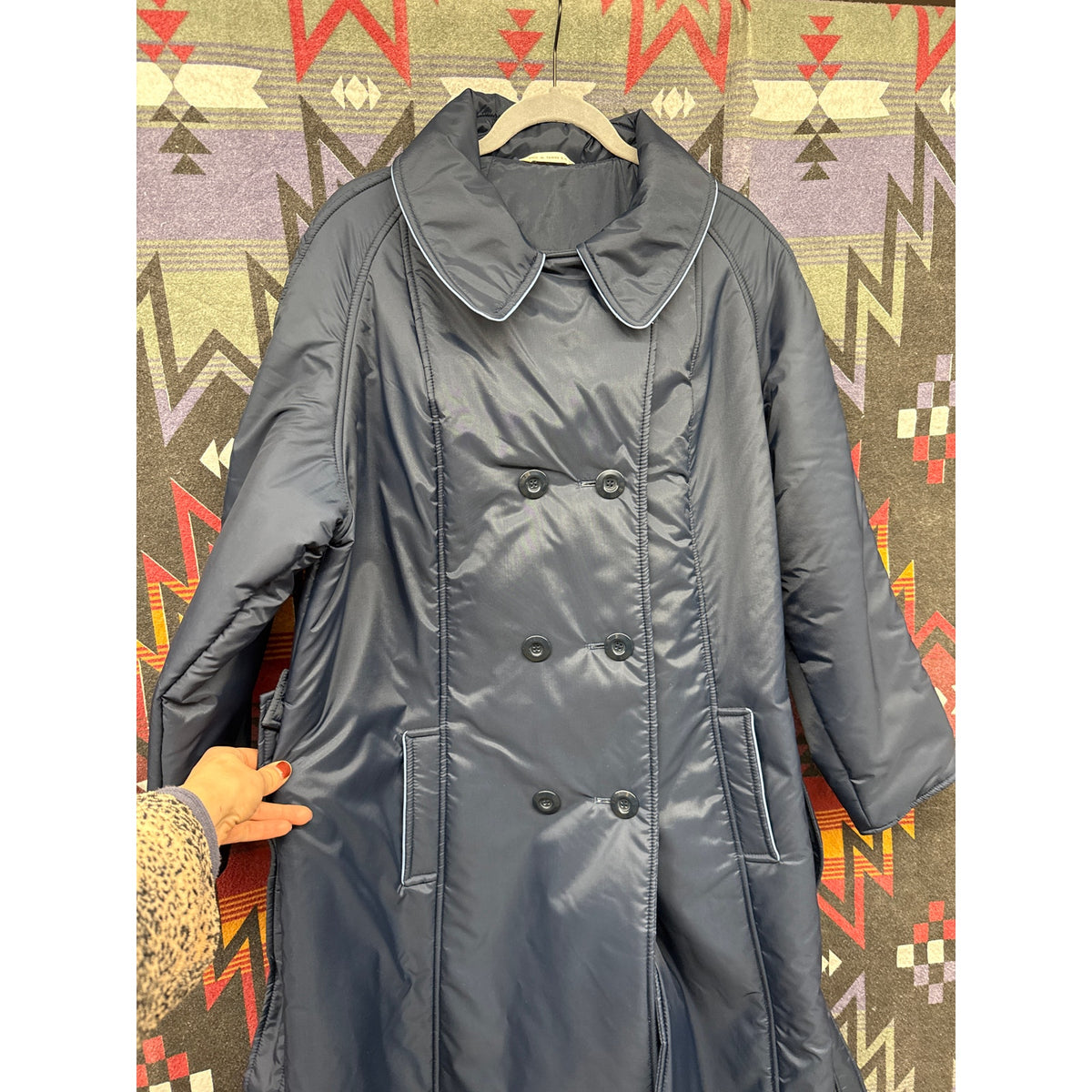 70s Vintage Aurora International Navy Quilted Large Coat Cottage England Belted