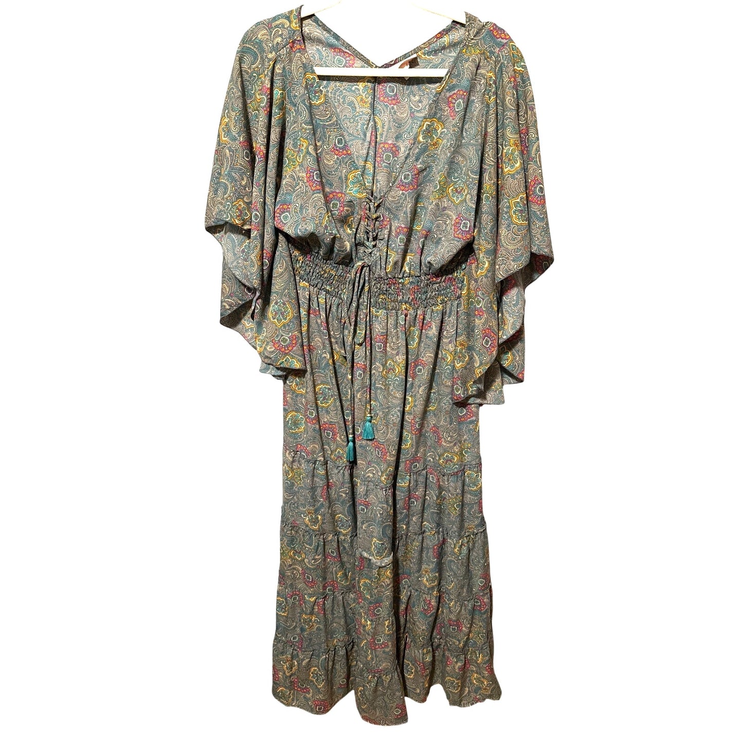 Boemo Anthropologie Medium Turquoise Bohemian Peasant Maxi Dress Fairy