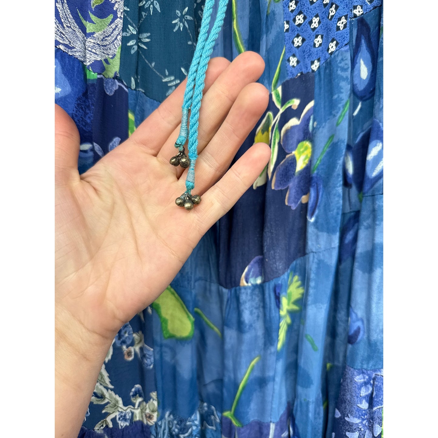 90s Blue Patchwork Floral Garden Tiered Pleated Maxi Skirt One Size Hippie Fairy